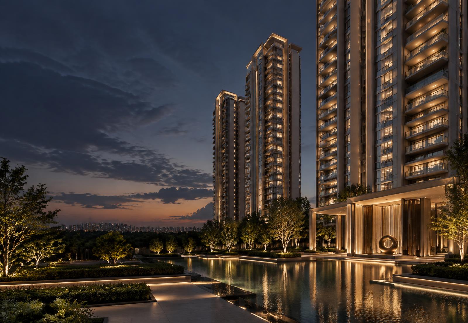 Conceptual photograph of contemporary residential towers at dusk; not a named development